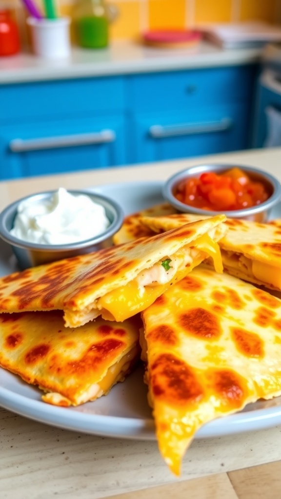 Cheesy chicken quesadillas cut into wedges on a plate with sour cream and salsa.